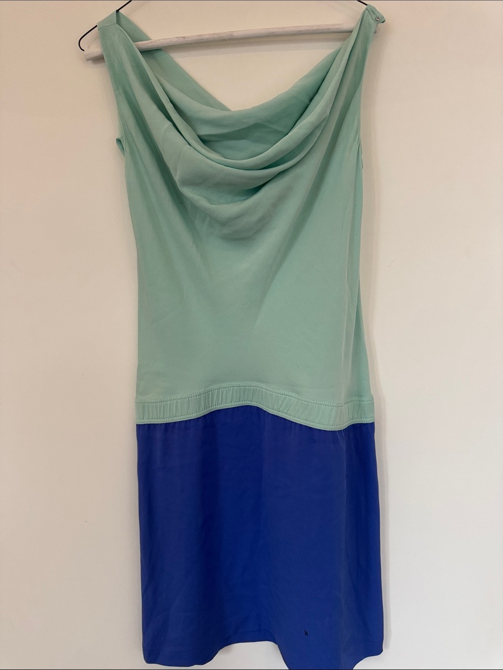 Diane Von Furstenberg Mint and Royal Blue Colorblock One-Shoulder Dress